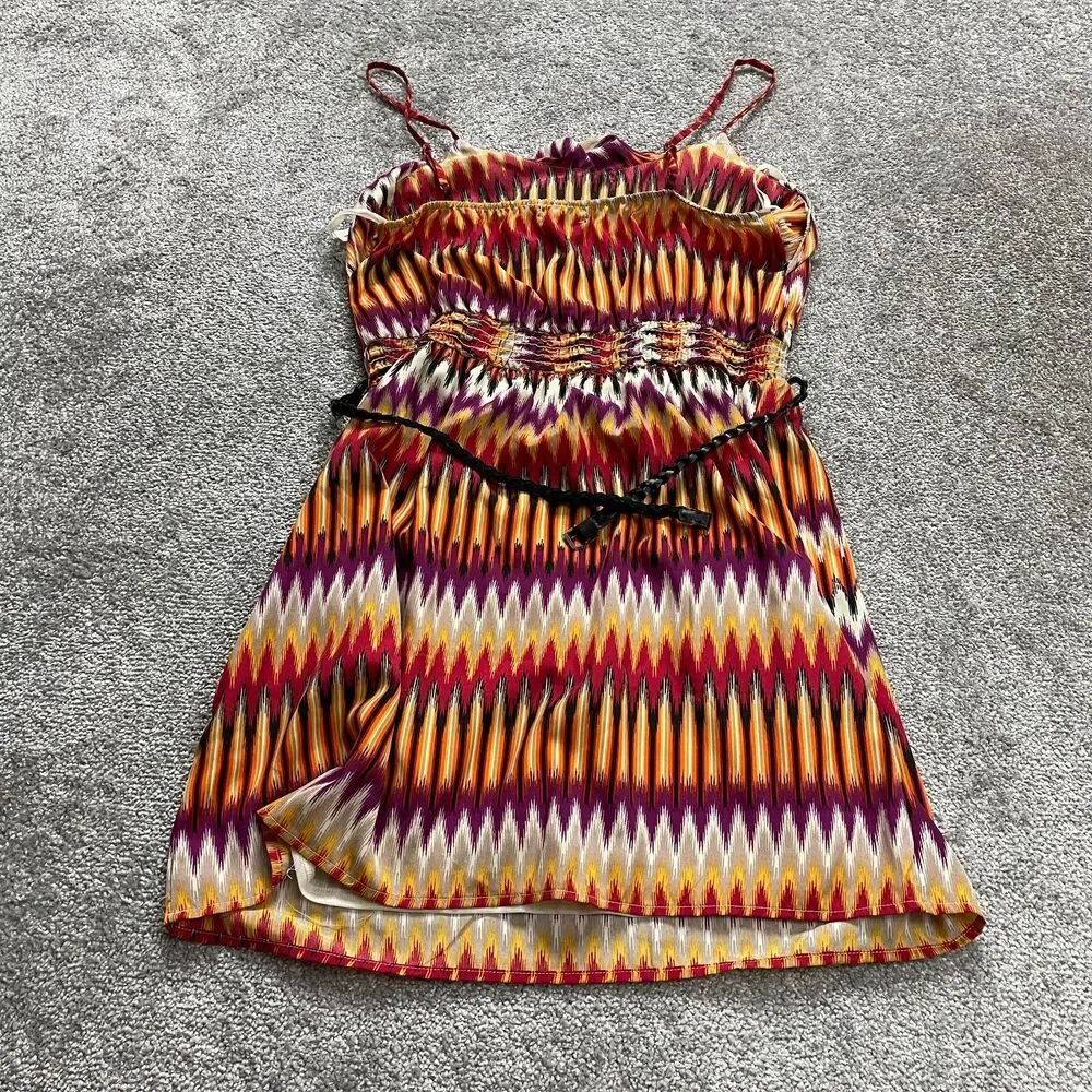 Love Reign Dress Womens XL Multicolor Midi Spaghetti Strap Boho Aztec Belted